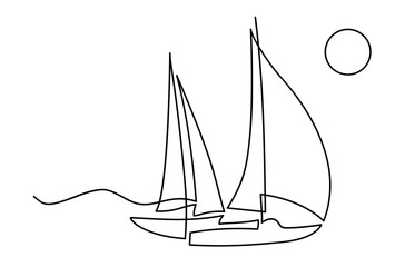 Yachts on sea waves. Seagull in the sky. Continuous line  drawing illustration. Isolated on white background