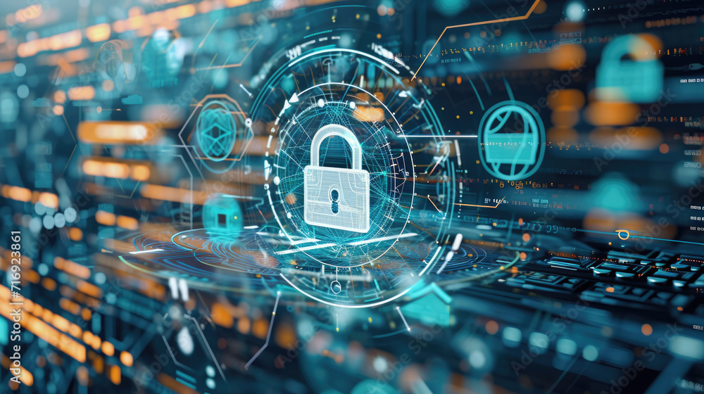 Poster padlock icon within a complex interface of cyber security network lines and glowing dots, symbolizin