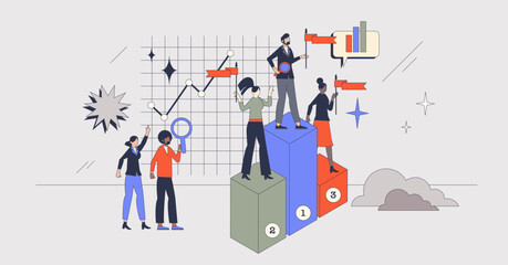 Competitor benchmarking or company evaluation tools retro tiny person concept. Competitors evaluation with your business to understand work quality, performance and market share vector illustration.