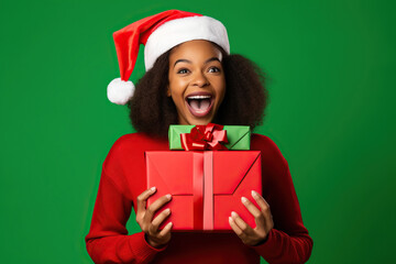 Young excited cool fun African American woman wear turtleneck Santa hat posing hold present box with gift ribbon bow isolated on studio background.