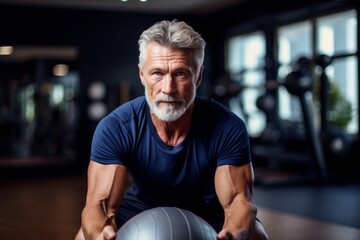 Portrait of a handsome mature man doing medicine ball exercises in an empty room. With generative AI technology - obrazy, fototapety, plakaty