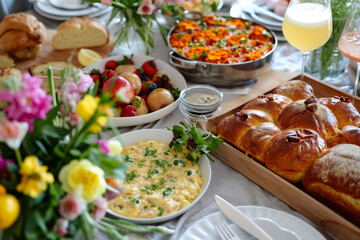 A brunch scene with yellow tulips, assorted pastries, and a savory egg dish on a tastefully arranged table. The mood is convivial, suited to home celebrations or culinary features