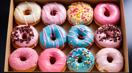 A lot of colorful donuts with delicious fillings live sideways in a row in a craft box, top view flat lay, many sweet donuts. Delicious sweet, but very fatty and unhealthy food. - obrazy, fototapety, plakaty