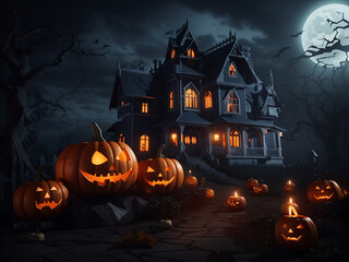 Fototapeta na wymiar Halloween background with pumpkins and haunted house - 3D render design. Halloween background with Evil Pumpkin. Spooky scary Night forest. Holiday event Halloween banner background concept design.