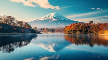 beautiful landscape of Mount Fuji with pink trees and a large clear lake in high resolution and sharpness, BEAUTIFUL LANDSCAPES CONCEPT