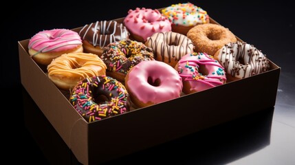 A lot of colorful donuts with delicious fillings live sideways in a row in a craft box. Delicious sweet, but very fatty and unhealthy food with Multicolored glaze and powder. - obrazy, fototapety, plakaty