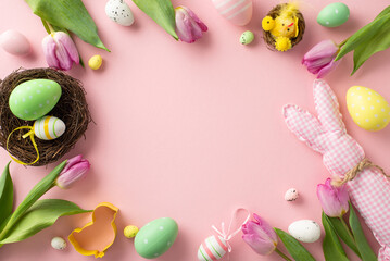 Fototapeta na wymiar Easter magic unfolding. Overhead shot featuring bright eggs, playful cookie cutter, charming bunny, nest, chicken, tulips on a soft pink background. Excellent for text or advertising