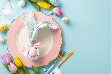 Spring Celebration Setup: Overhead shot of a festive table arrangement featuring a plate, bunny ear...