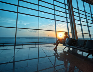 A girl is sitting in an airport building near a big glass wall in the evening and watching a rising airplane that go toward the sunset. 