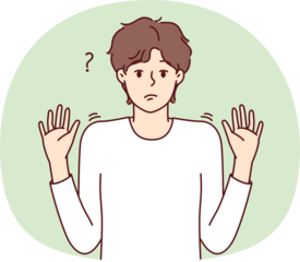 Embarrassed man raises hands up as sign of lack of options for solving problem. vector image