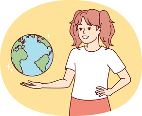 Teenage girl with globe studies geography and dreams of traveling of world. Vector image