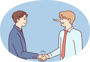 Fototapeta premium Man with long nose shakes hands with partner in business clothes trying to cheat. Vector image