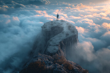 A businessman stands on a mountain, a mountain in the shape of a question mark, around a cloud. - obrazy, fototapety, plakaty