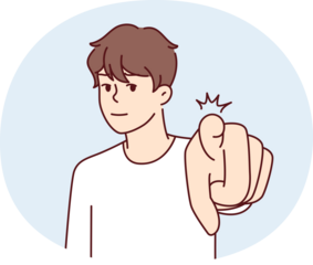 Confident man pointing finger at camera to press button on invisible screen. Vector image