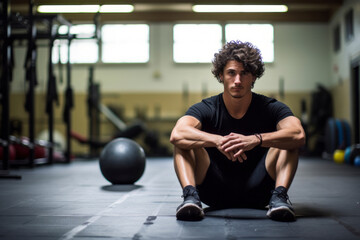 Fototapeta na wymiar Portrait of a drained boy in his 20s doing medicine ball exercises in a gym. With generative AI technology
