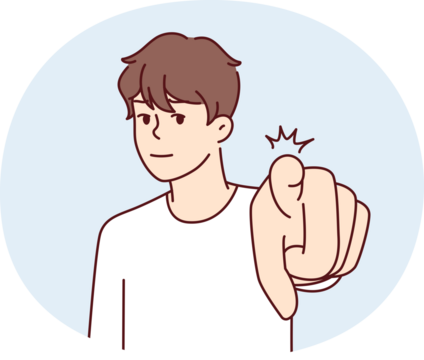 Confident man pointing finger at camera to press button on invisible screen. Vector image