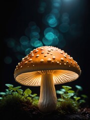 Fototapeta na wymiar A luminescent magic mushroom set against a black background by ai generated