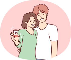 Young couple of man and woman stand in embrace showing box with wedding ring. Vector image