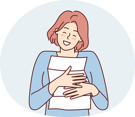 Happy woman hugging and clutches to chest paper letter from boyfriend or family. Vector image