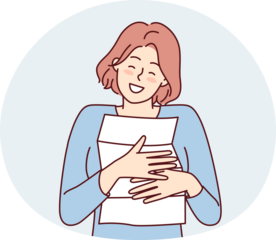 Happy woman hugging and clutches to chest paper letter from boyfriend or family. Vector image
