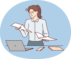 Dissatisfied woman secretary reads paper letter stands near table with laptop. Vector image