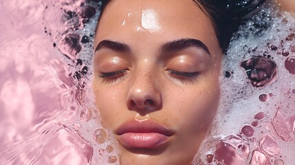 face of a young girl in water on a pink background, skin water balance, hyaluronic acid - obrazy, fototapety, plakaty