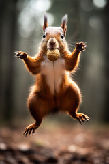 Lustiges springendes Eichhörnchen mit Nuss im Mund - obrazy, fototapety, plakaty