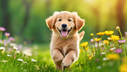 A dog golden retriever puppy with a happy face runs through the colorful lush spring green grass - obrazy, fototapety, plakaty