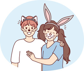 Boy and girl with animal ears and painted mustaches on faces for school masquerade. Vector image