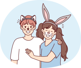 Boy and girl with animal ears and painted mustaches on faces for school masquerade. Vector image