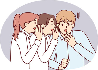 Young man is shocked by secret about colleagues or friends told by two girls. Vector image