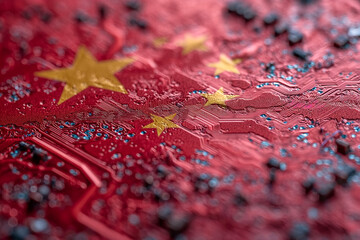 Chinese Flag overlaid on PC micro chip on integrated circuit board