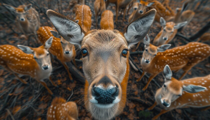 Close up portraits of wild animals, Deers. Top view. World Wildlife Day