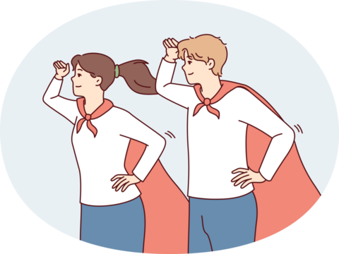 Guy and girl in superhero capes look into distance with their hands to their foreheads. Vector image