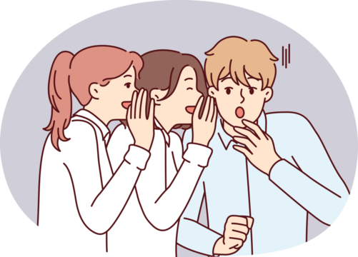 Young man is shocked by secret about colleagues or friends told by two girls. Vector image
