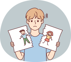 Sad boy after school quarrel or conflict tears up self-drawn portrait. Vector image