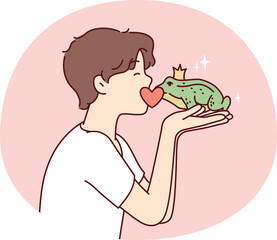 Guy kisses frog princess with crown on head, wishing that animal turned into girl. Vector image