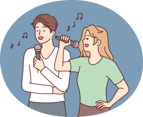 Man and woman with microphones perform song while enjoying karaoke break on day off. Vector image