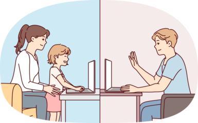 Family communicates via video call using laptop for video calls over Internet. Vector image
