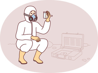 Specialist in chemical protection suit takes sample of earth for further study. Vector image