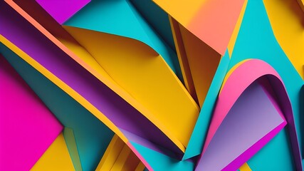 Abstract geometric shapes float weightlessly in a mesmerizing display of zero gravity. The vibrant neon gradient