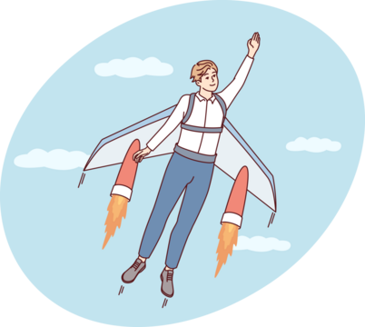 Man flies up with help of jet wings for concept of career growth or business success. Vector image