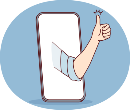 Mobile phone and hand with thumb up symbolizing approval of good app or website. Vector image