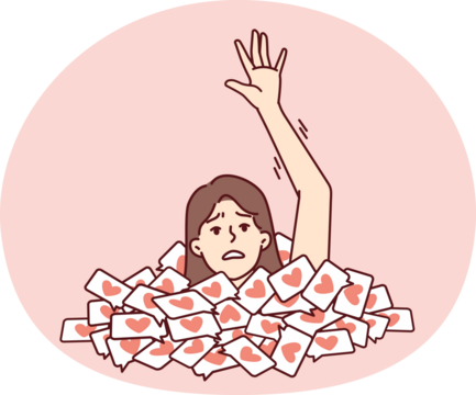 Woman with frightened face raises hand asking for help when drowning in likes. Vector image - Powered by Adobe