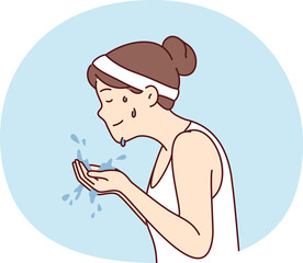 Sweaty woman with headband holds water in palms wanting to wash after fitness. Vector image