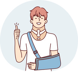 Positive young guy with broken arm and orthopedic collar shows thumb up. Vector image