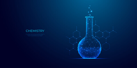 Science chemistry concept. Polygonal lab tube on technology blue background with chemical formula. Digital laboratory test. Science or Medical background. Abstract vector illustration with 3D effect.
