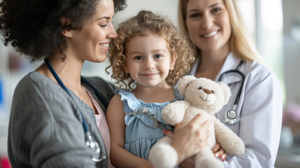 young girl with curly hair holding a teddy bear, accompanied by a female healthcare professional