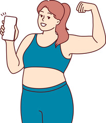 Plump woman in fitness clothes demonstrates biceps and encourages use of mobile phone with sports...