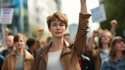 woman at a protest raising her hand, symbolizing participation and solidarity.